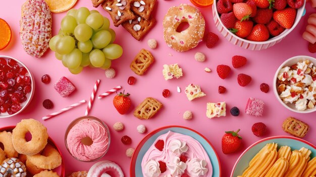 Foto desayuno colorido con pasteles y frutas en superficie rosada