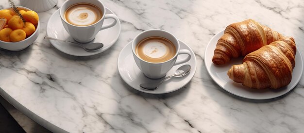 Foto desayuno continental con café espresso y croissants en una mesa de mármol