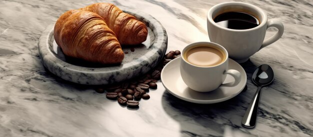 Desayuno continental con café espresso y croissants en una mesa de mármol