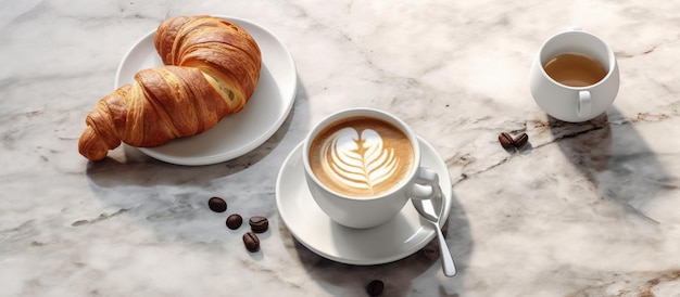 Foto desayuno continental con café espresso y croissants en una mesa de mármol