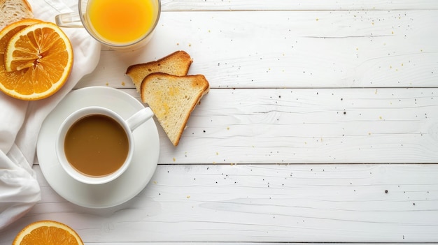 Desayuno continental café jugo de naranja y tostadas en mesa de madera blanca Fondo con espacio de texto libre