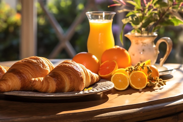 El desayuno continental con croissant y jugo fresco da la bienvenida a la mañana.