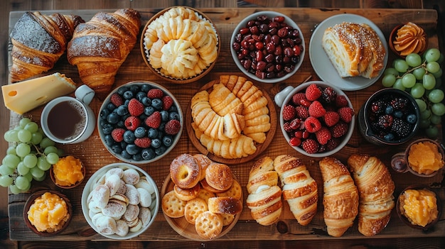 Foto desayuno continental extendido desde arriba una variedad de pasteles frutas y café ai generative