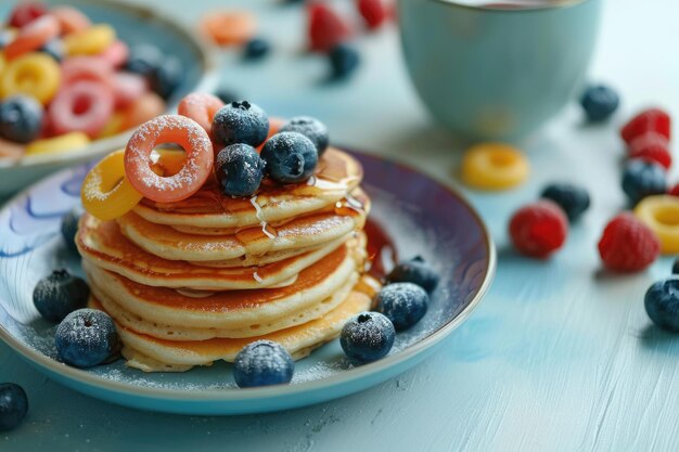 Desayuno creativo para niños con panqueques, arándanos, anillos de cereal.