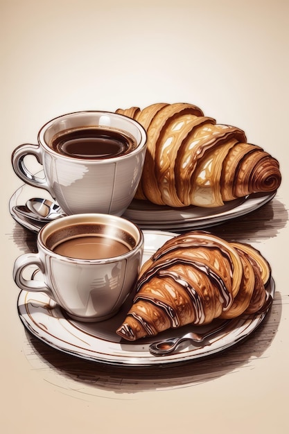 desayuno croissant dibujado a mano con moka italiana y taza de café todas imágenes separadas