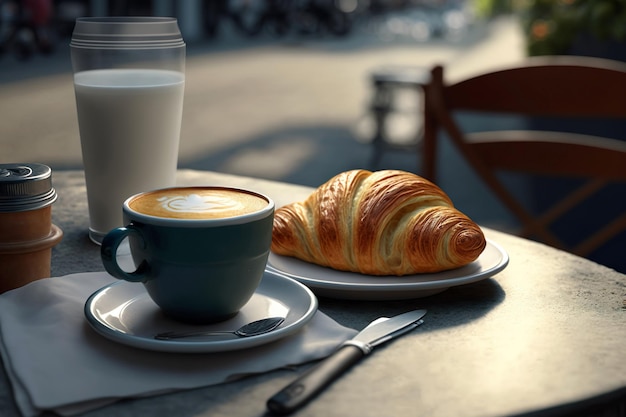 Desayuno con croissant y una taza de capuchino en la mesa temprano en la mañana en un café de la calle generat