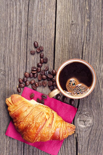 Desayuno con croissants y café.