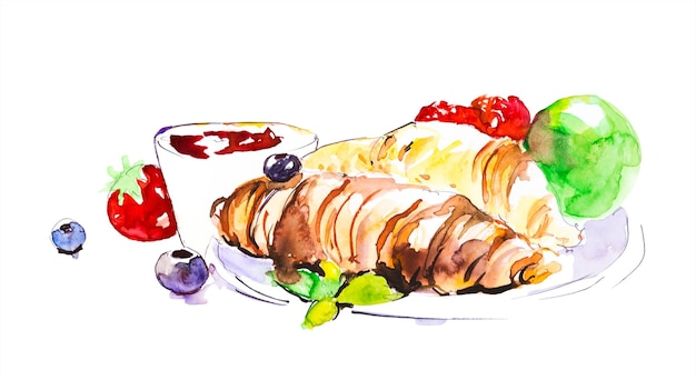 Desayuno de croissants de chocolate té frutas bayas manzana acuarela pintada a mano aislado en blanco