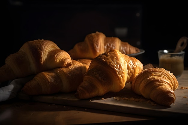 Desayuno con croissants en mesa de madera rústica