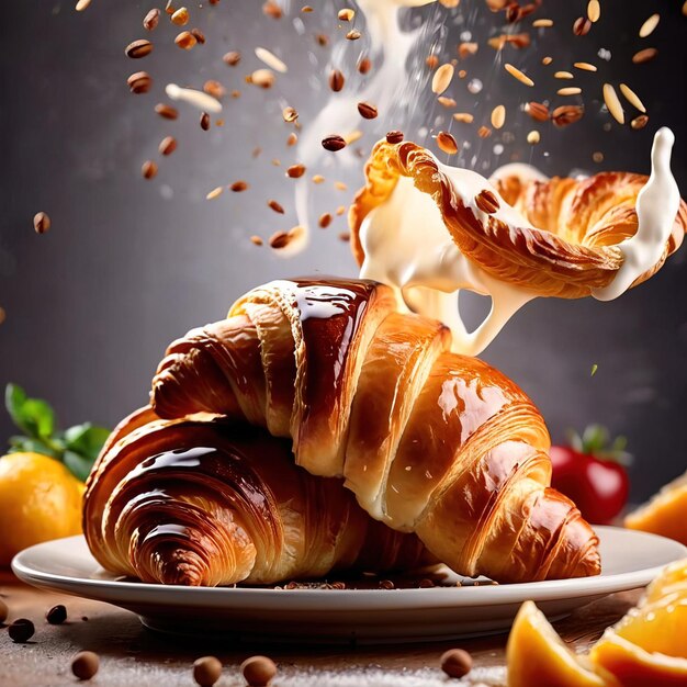 Foto desayuno croissants pan de pastelería tradicional francés horneado