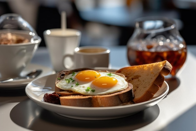 Desayuno con deliciosos huevos fritos adornados con tomate en rodajas IA generativa