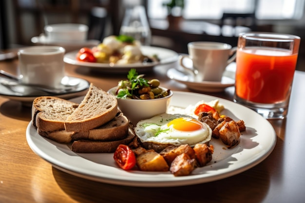 Foto desayuno con deliciosos huevos fritos adornados con tomate en rodajas ia generativa