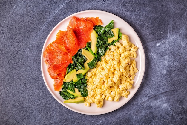 Foto desayuno de dieta cetogénica, huevos revueltos, salmón, aguacate, espinacas, vista superior.