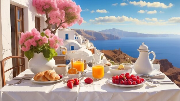 desayuno con flores y frutas en la mesa