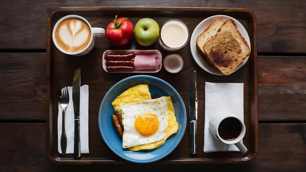 Desayuno flotante en bandeja con huevo frito tortilla salchicha jamón pan fruta leche jugo café