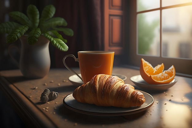 Desayuno francés con café croissant y jugo de naranja.