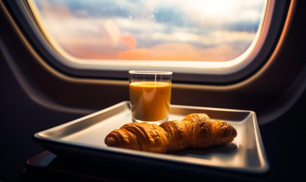 Desayuno francés cerca de la ventana Taza de jugo con comida francesa IA generativa