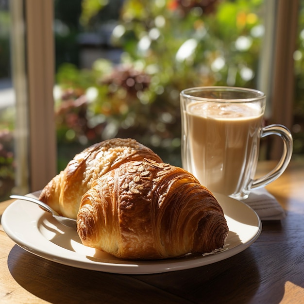 Foto desayuno francés típico con croissant y café con leche