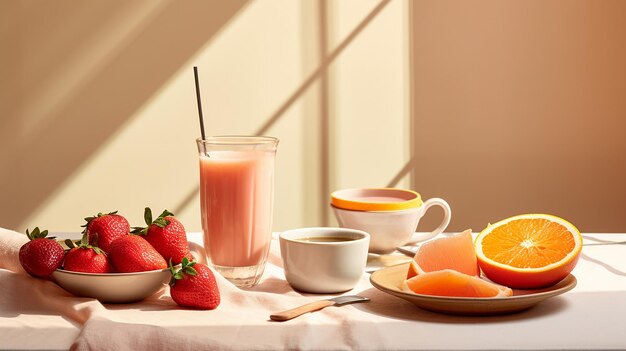 Desayuno fresco con café y jugo de naranja.