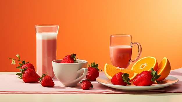 Desayuno fresco con café y jugo de naranja.