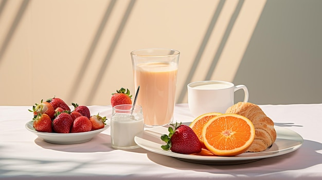 Desayuno fresco con café y jugo de naranja.