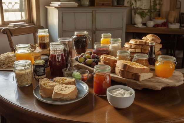 Desayuno gourmet con panes recién horneados, mermeladas y jaleas creadas con IA generativa