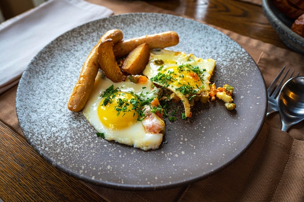 Desayuno con huevo frito acompañado de una pequeña salchicha y huevos revueltos Desayuno inglés tradicional europeo