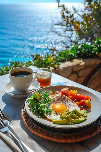 Desayuno huevos de aguacate y café junto al mar enfoque selectivo