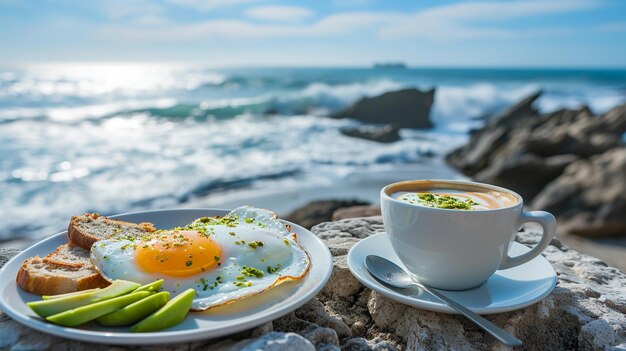 Desayuno huevos de aguacate y café junto al mar Foco selectivo IA generativa