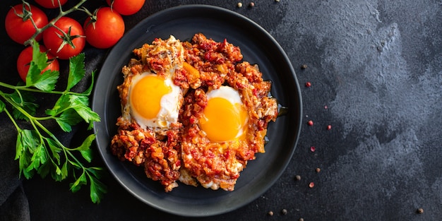 Desayuno huevos frito tomate, cebolla y verduras shakshuka tortilla