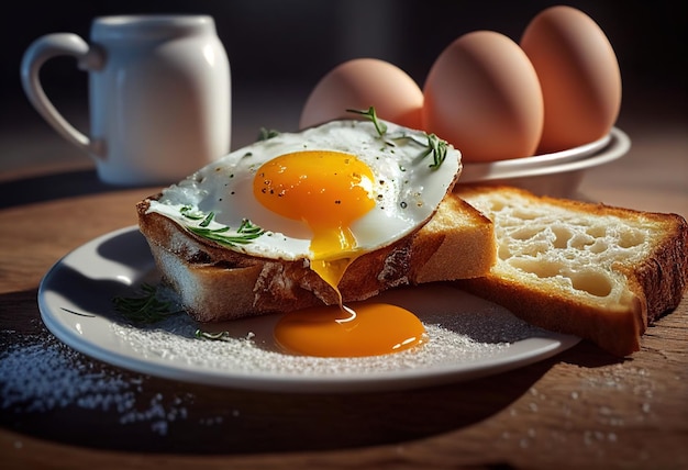 Desayuno con huevos fritos y pan en una mesa de madera