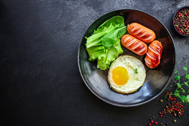 Desayuno, huevos fritos, salchichas y verduras.