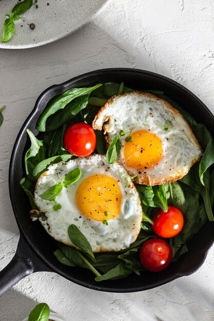 Foto desayuno con huevos fritos en una sartén.