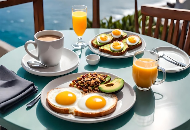 un desayuno de huevos huevos y café están en una mesa