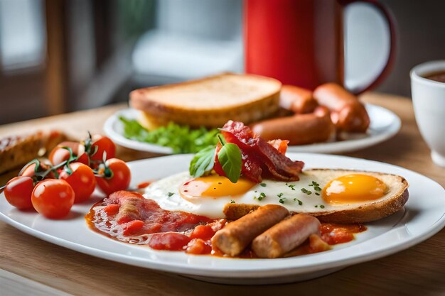 Foto desayuno con huevos, salchicha y salchichas en un plato