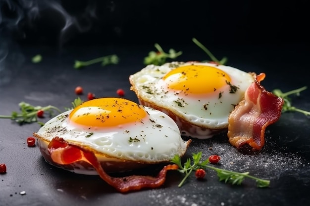 Un desayuno de huevos y tocino sobre una mesa negra.