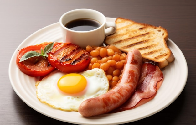 Desayuno inglés clásico con huevos y salchichas en un plato