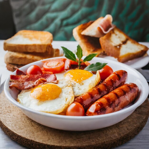 Foto desayuno inglés completo con huevos fritos salchicha tomate frijoles tostadas