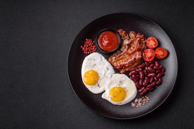 Desayuno inglés con huevos fritos tocino frijoles tomates especias y hierbas