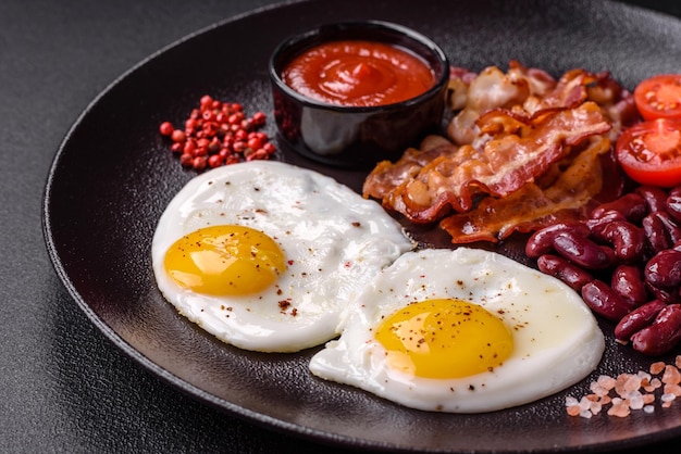 Foto desayuno inglés con huevos fritos tocino frijoles tomates especias y hierbas