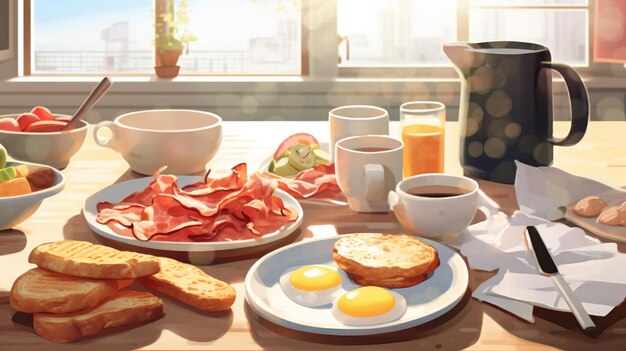 Desayuno inglés con huevos revueltos aguacate y tostadas desayuno estilo acuarela