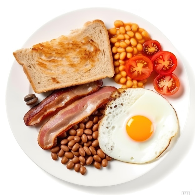 Desayuno inglés con huevos, tocino y frijoles.