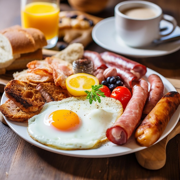 Desayuno inglés con huevos tomates café