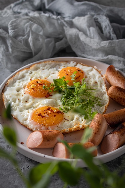 Foto desayuno inglés tradicional huevos fritos con salchichas y primer plano de micro vegetación