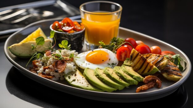 Foto desayuno inglés con verduras a la parrilla, aguacate y huevos asados.