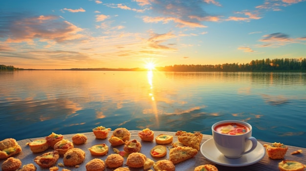 Foto desayuno en el lago con una taza de café y croissants ai