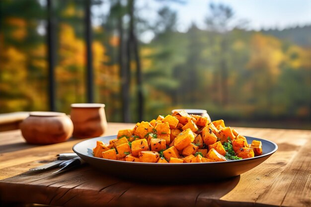 Desayuno matutino de batata hash con hermosa vista natural otoñal