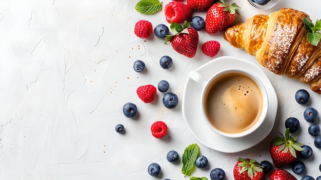 Desayuno matutino fresco con café y pasteles rodeados de bayas Ideal para blogs y menús de comida IA ligera y saludable