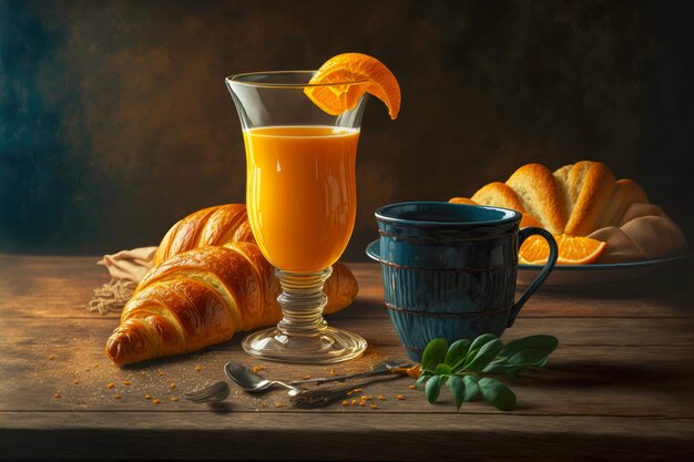 Desayuno matutino con vaso de jugo de naranja y taza de café y croissant