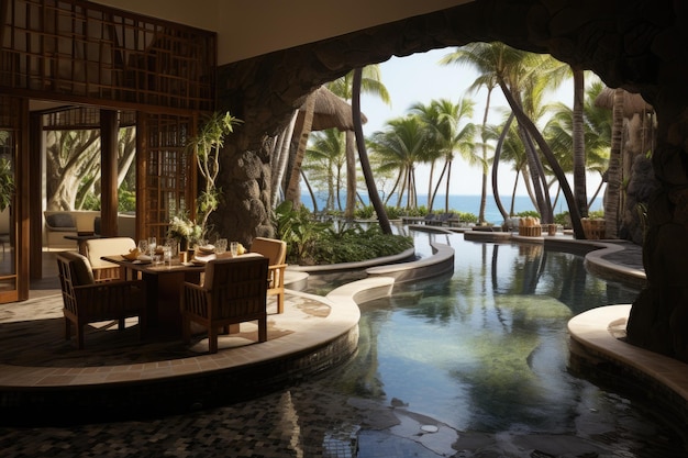 El desayuno a menudo se sirve flotando en la piscina de los opulentos resorts tropicales Junto a la piscina del resort